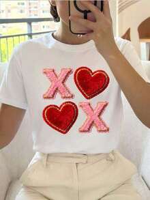Short-Sleeved T-Shirt With Round Neck And Valentine's Day Print, Women's Summer Top - High Quality - 白色 - 查看 7