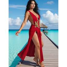 Vestido playero sexy con bordado de malla, escote en V profundo, abertura alta, estilo vacaciones en la playa. - Rojo - Ver 5