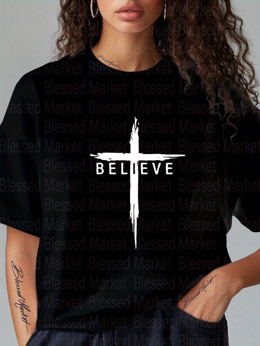 Women's & Men's Casual White T-Shirt With 'Believe' Cross Print, 100% Cotton, Short Sleeve, Crew Neck, Plus Size Regular Fit For All Seasons, 180G Fabric - Various Colors, 'Choir VBS' Christian Faith T-Shirt For Christmas, Thanksgiving, Halloween - 黑色 - 查看 1