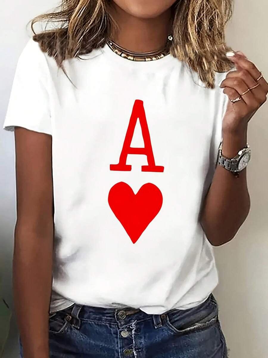 Women's Black Short-Sleeved T-Shirt With A Heart And Lettering Design, Perfect For Summer. This Casual And Versatile Top Is Comfortable, Breathable, Stylish, And A Must-Have For Everyday Wear. - 白色的 - 查看 1