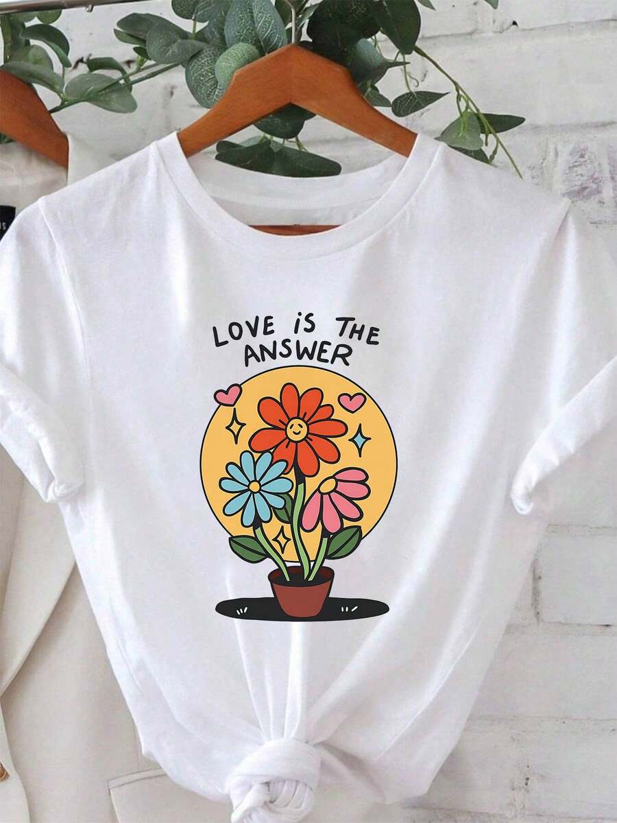 Simple And Versatile Design "LOVE IS THE ANSWER" Women's T-Shirt With Face And Flower Pot Print, For Everyday Wear, Greetings To Friends, Cool And Relaxing Style, Short Sleeve, Cotton T-Shirt With Casual Atmosphere. - 白色 - 查看 1