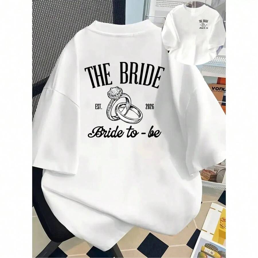 Women's Graphic Print Cotton T-Shirt With "The Future Bride" Ring Print, Short Sleeves And Round Neck, For Bachelorette Party, Engagement Party, Wedding, Travel Or As A Gift. - 白色 - 查看 1