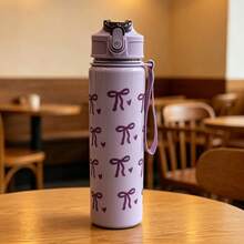 1pc 750ml Minimalist Bow Print Summer Water Bottle With Straw, Suitable For Sports, Outdoor, Home, Office, School, Portable And Suitable As A Gift - Clear - View 5