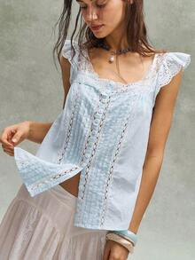 Blusa de mujer de manga abullonada con adorno de encaje, de estilo casual para el verano - Blanco - Ver 5