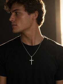 1pc Men's Stainless Steel Chain Necklace With Cross Pendant, Fashionable Minimalist Rope Chain Necklace, Ideal Jewelry Accessory For Men - Steel - View 6