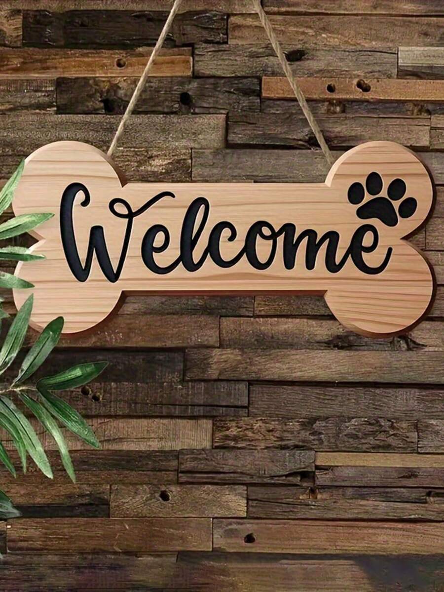 2D Flat Country Style Welcome Dog Bone Sign With Paw Print - Country Style Wall Decor, Suitable For Home, Porch Or Garden - Perfect For Easter And Spring | Handmade Faux Wood Craft | Porch Decor | Dog Themed Sign - C - View 1