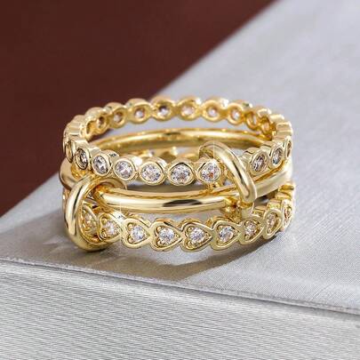 1pc Petite Heart Dotted Design Cubic Zirconia Inlaid Women's Ring