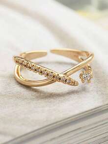 1pc Unique Criss-Cross Open Ring, Cubic Zirconia Geometric Design Women's Daily Wear Ring, Suitable For Holiday Gifts And Beach Vacation Accessory - Yellow Gold - View 4