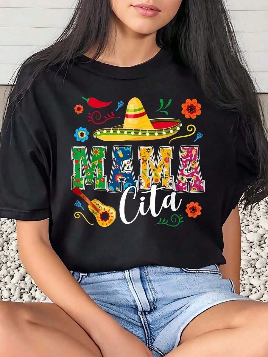 1 camiseta de mujer con estampado colorido de Fiesta Mexicana Mama Cita para la celebración del Cinco de Mayo, 180g, 100% algodón. - Negro - Ver 1