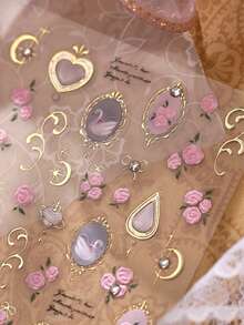 5D Embossed Fruit Nail Art Stickers, Apple Cherry Bow Rabbit Star Self-Adhesive Nail Decals, Sweet Cute Summer DIY Nail Decoration, 1pc/Pack - Gold - View 8