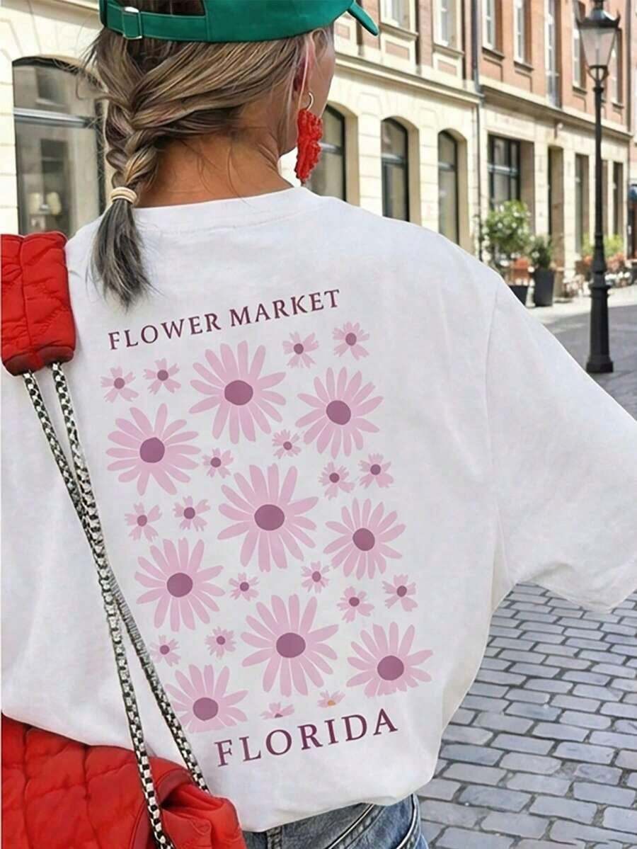 Women's Loose Fit T-Shirt With Sunflower And Letter Print, Short Sleeve And Round Neck, Casual And Modern, Ideal For Spring, Holidays And Outings - 白色 - 查看 1