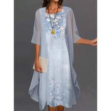 Elegante vestido midi boho para mujer con apliques florales, manga corta, cuello redondo y dobladillo asimétrico para uso casual y de fiesta - Azul - Ver 5