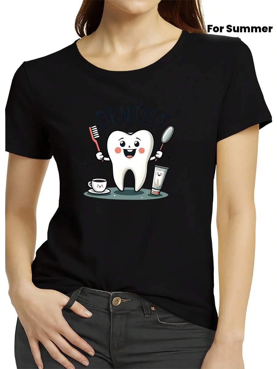 Camiseta Americana Versátil de Manga Corta, con Estampado de Dientes de Dibujos Animados y Cepillo de Dientes y Espejo, Pasta de Dientes y Taza de Café al Lado, Cuello Redondo, Estilo Nuevo de Verano 2026 para Mujer - Negro - Ver 1