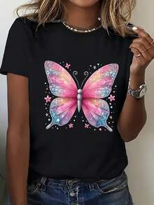 Camiseta de Mujer Estilo Vintage Oversize Estampada - Top Casual de Manga Corta, Tejido Suave para Primavera y Verano, Diseño de Cuello Redondo, Ropa de Primavera y Verano| Camisa con Estampado de Mariposas| Camisa Duradera - Negro - Ver 6