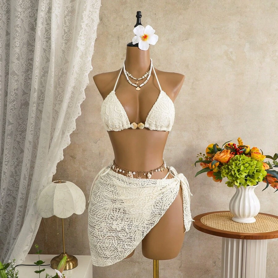 Conjunto de Bikini de Tres Piezas para Mujer, Sexy, para Vacaciones en la Isla, Traje de Baño para Playa y Spa, 2026 - z26067 Albaricoque - Ver 1