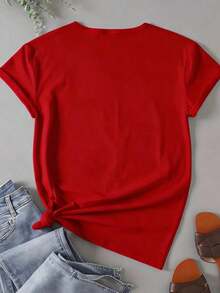 Camiseta de algodón para mujer, estampado gráfico de carta de amor y corazón rojo con pedrería, cuello redondo, manga corta, corte holgado, para uso diario casual, estilo vintage urbano, camiseta unisex de algodón de manga corta y cuello redondo. - Rojo - Ver 3