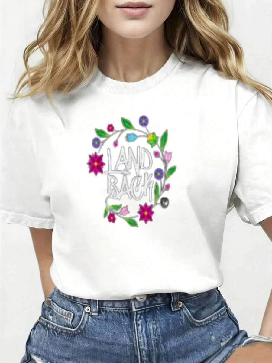 Camiseta de mujer de color blanco con estampado LAND BA - de manga corta, cuello redondo, estilo casual de verano, lavable aáquina y adecuada para uso diario, corte regular - Camiseta unisex de algodón holgada de manga corta y cuello redondo estilo vintage urbano. - Blanco - Ver 1