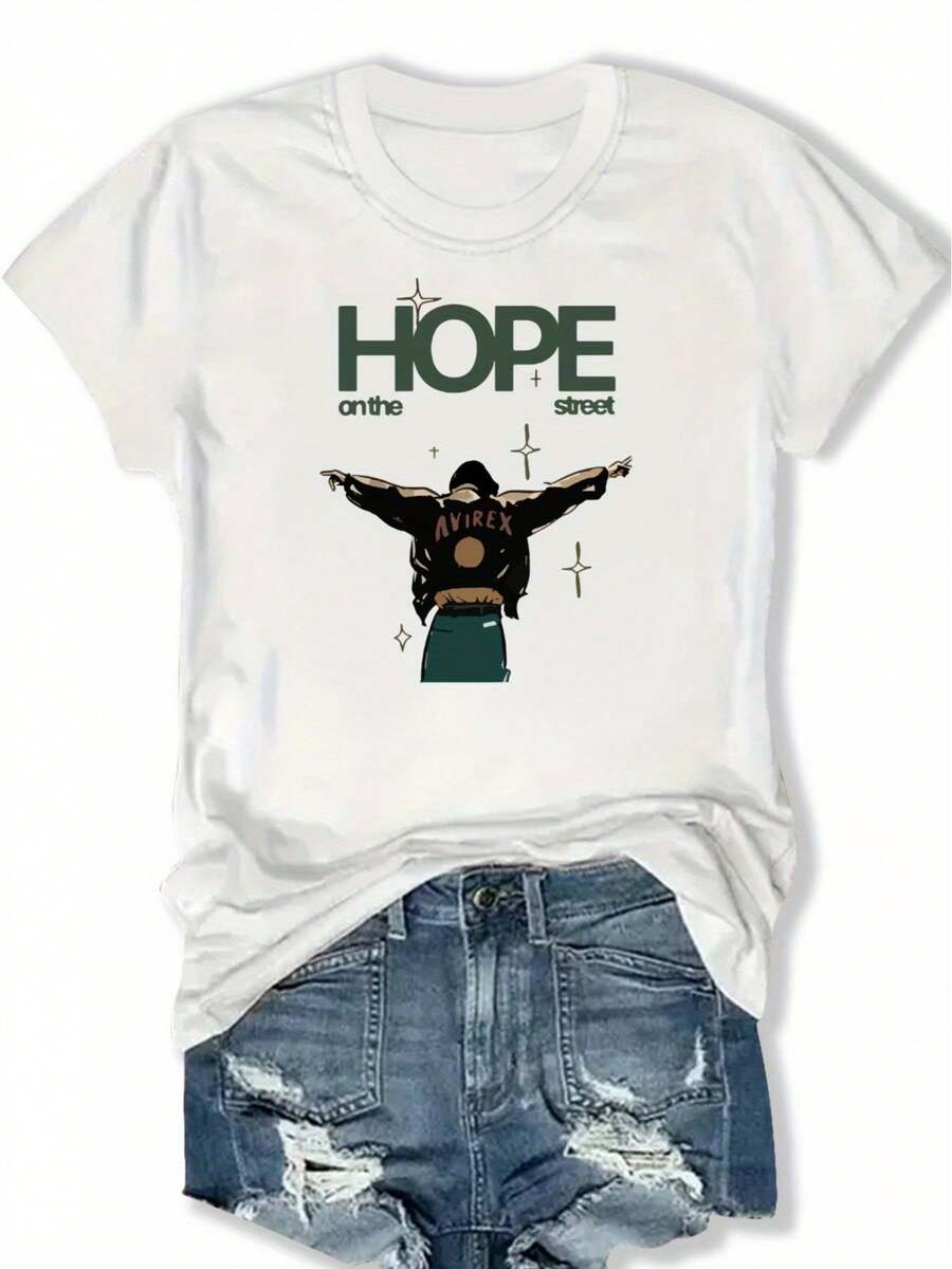 Women's Plus Size "Hope On The Street" Graphic T-Shirt - Casual Crew Neck, Short Sleeve, Lightweight, Summer And Spring Fashion, Relaxed Fit, Everyday Wear T-Shirt | Loose Fit T-Shirt | Lightweight Fabric - 白色 - 查看 1