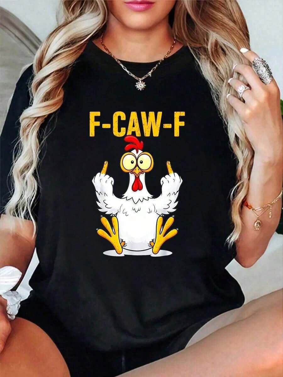 Camiseta 100% Algodón F-Caw-F con Frase Humorística de Pollo, Meme de Gallo, para Hombre y Mujer, Cuello Redondo, Estilo Clásico, Moda Verano, Vacaciones - Negro - Ver 1