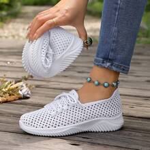 Women's White Breathable Hollow Mesh Slip-On Athletic Sneakers, Outdoor & Daily Wear Running Shoes - White - View 2