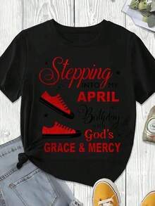 Elegant And Casual Women's Short-Sleeved T-Shirt With "Celebrating My April Birthday With God's Grace And Mercy" Print, Red Sneaker Print For Easter And Spring Celebration, White Casual Wear For Women, Spring Summer. - 黑色 - 查看 3
