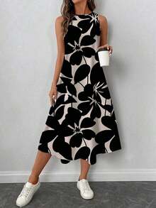 Vestido casual de mujer con estampado floral de cuello redondo y longitud media, adecuado para primavera/verano, apropiado para salir, vestido elegante, casual - Multicolor 3 - Ver 6