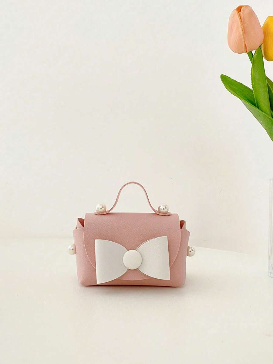 1pc Candy Girl Handbag, Mini Pouch Coin Purse With Pearl, Cute Bow Decor, Suitable For Daily Use - Pink - View 1