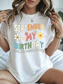 Elegante y casual para mujer, manga corta, linda camiseta con estampado floral para cumpleaños de septiembre, ropa casual blanca para mujer, primavera verano. - Blanco - Ver 8