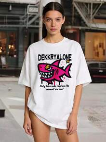 2026Qqq Camiseta Gráfica Oversize Rosa con Tiburón para Mujer DEKKRYALONE, Top Casual Suave y Atrevido, Único y Genial, de Alta Calidad para Verano - Blanco - Ver 1