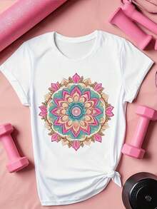 Soft 100% Cotton Women's T-Shirt, White With Mandala Print - Turquoise, Pink, And Gold, Boho Style, Breathable, Short-Sleeved, Round Neck, Casual Summer Blouse, Relaxed Fit, -Inspired Design, For Meditation And Women's Wear. Breathable Cotton T-Shirt, Goes With Everything, Great. - 白色 - 查看 6