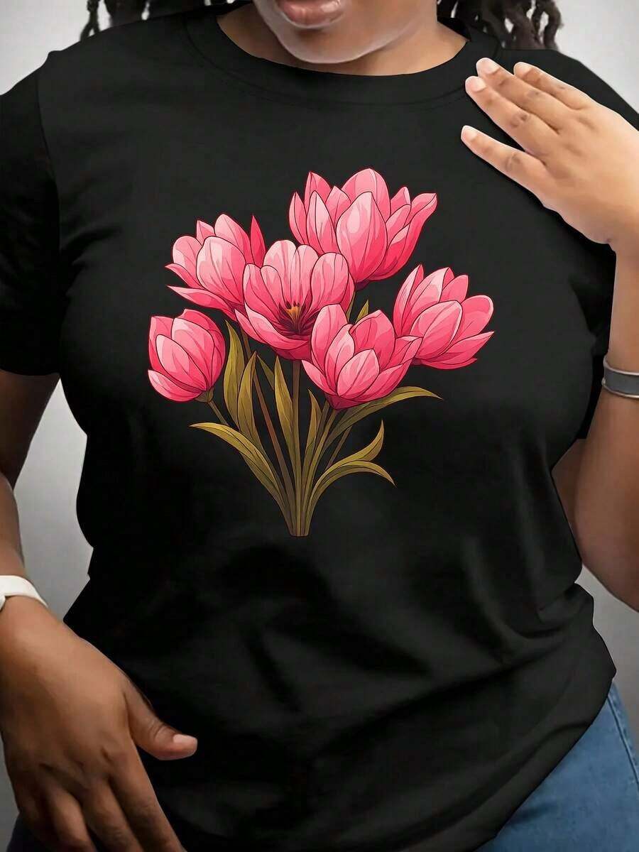 [Camiseta Deportiva] Camiseta Casual de Manga Corta con Estampado Floral para Mujer - Diseño de Margaritas Rosa Vibrante, Cuello Redondo, Elasticidad Media, Tela Ligera para Primavera/Verano/Otoño, Top de Primavera Verano |     Top con Estampado Floral |     Stretchy FabricRelaxed Plus Size T-Shirtplayeras de mujer algodon  blusa negras para dama - Negro - Ver 1