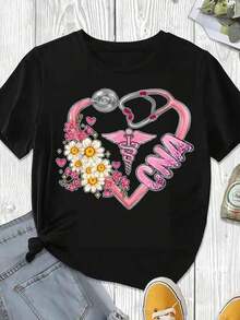 Elegante y casual para mujer, manga corta, camiseta Cma, diseño de estetoscopio, ceduco, flor y corazón para el Día de San Valentín, ropa casual blanca para primavera y verano. - Negro - Ver 3