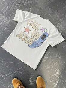 Camiseta de manga corta con estampado digital de doble cara "Call On Jesus", estilo vintage, 1 pieza, para hombre, cuello redondo, 100% algodón, informal, retro, con gráfico religioso. - Blanco - Ver 3