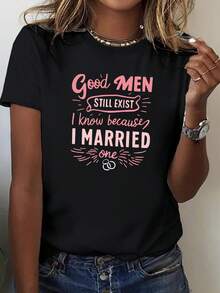 Talla Grande - Talla Grande - Camiseta con Temática de Matrimonio Humorístico para Mujer - Impresa con la frase "Las cosas buenas aún están por venir" en una camiseta casual de cuello redondo, fondo negro con letras rosas, lavable a máquina, adecuada para primavera/verano, camiseta súper linda. - Negro - Ver 7