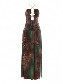 Vestido largo de vacaciones hombros al descubierto con cadena cuello halter cintura marcada y abertura lateral - Verde - Ver 9