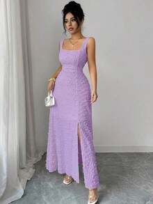 de punto texturizado sin mangas con cuello cuadrado, diseño de lazo en la espalda abierta, elegante vestido ajustado para fiesta - Púrpura malva - Ver 5