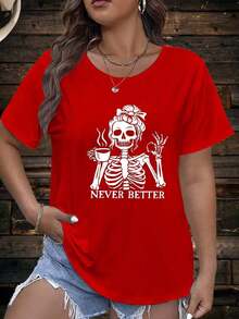 NewSummerCasualCamiseta popular para mujer con estampado de calavera amante del café, cuello redondo a la moda, mangas cortas, ropa deportiva para mujer, 100% algodón.-Vintage Street Style Unisex Loose Cotton Short Sleeve Crew Neck T-Shirt - Rojo - Ver 6