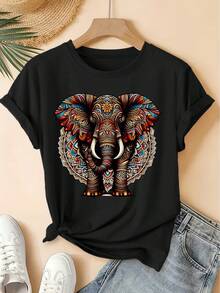 ¡Oferta por tiempo limitado, unidades limitadas,  relámpago! Camisas casuales para mujer, camisetas de poliéster para mujer, camisas elegantes. 2026 Primavera/Verano Nueva Camiseta de Mujer de Manga Corta con Cuello Redondo, Estilo , Mandala con Estampado de Elefante, Top Casual Vintage Desgastado, Ropa de Mujer de Alta Calidad de Tejido Suave |   Diseño Divertido y Original |   Adecuado para Primavera, Verano, Otoño, Desplazamiento Diario |   Juguetón - Negro - Ver 7