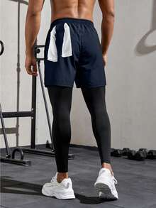 Men's Sports Compression Pants, Summer Elastic 2-In-1 Workout Leggings With Drawstring Waist, Zipper Pockets, Suitable For Running And Fitness Fall - Navy Blue - View 6