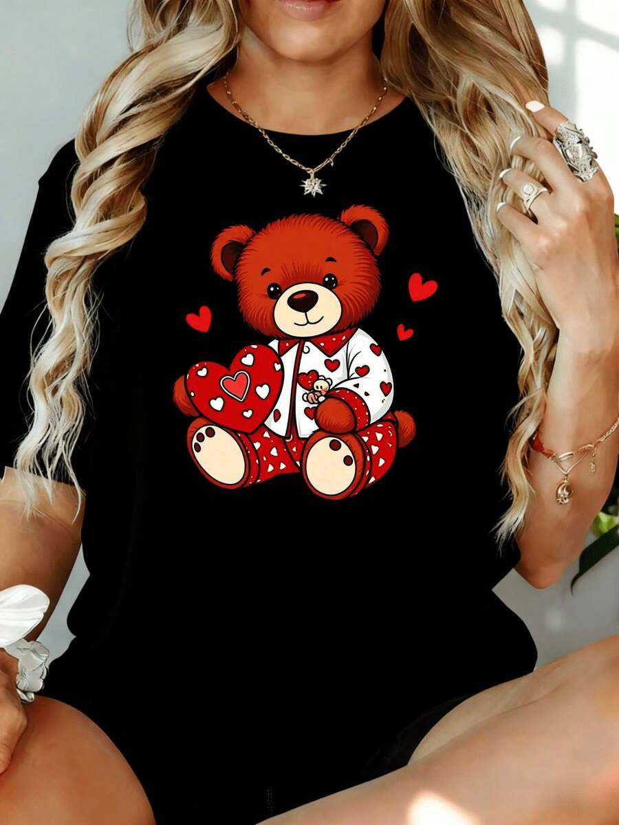 Women's Valentine's Day T-Shirt With Cute Bear Holding A Heart, Casual Loose Fit, White With Red Hearts And Teddy Bear Design, For The Season Of Love, 180g, For Leisure At Home, Outdoors, Valentine's Day Party Gift - 黑色 - 查看 1