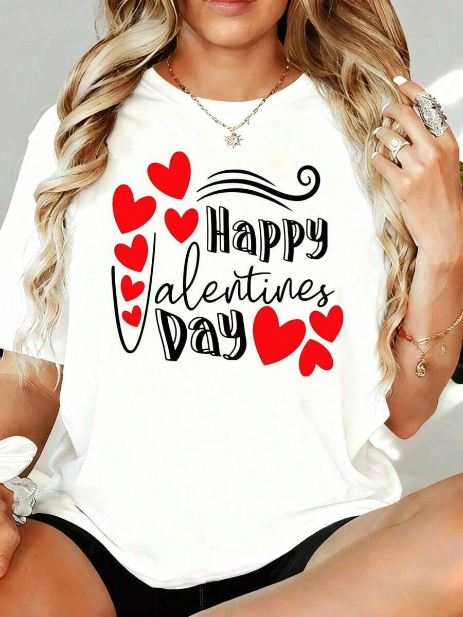 Women's Loose Fit T-Shirt With Heart Print For Valentine's Day, Valentine's Day Gift, Casual Women's Clothing, 180g, For Home, Outdoor, Valentine's Day Party - 白色 - 查看 1