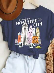 Women's T-Shirt, 100% Cotton, Loose Fit, Y2K Print, Crew Neck - Women's New York City Skyline Graphic T-Shirt - Casual Short Sleeve Top With Statue Of Liberty And Brooklyn Bridge Design, Fall New York City Text, Machine Washable, Summer And Spring T-Shirt, New York T-Shirt, Urban Style, Fun Design, Breathable Material, Printed T-Shirt, For Enthusiasts - Summer Festival Fashion, 180g Adult T-Shirt - 藏蓝色 - 查看 12