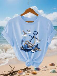 Camiseta de manga corta con cuello redondo y estampado de ancla y patrón blanco para verano, estilo casual de vacaciones, ropa de mujer para primavera/verano. - Blanco - Ver 2