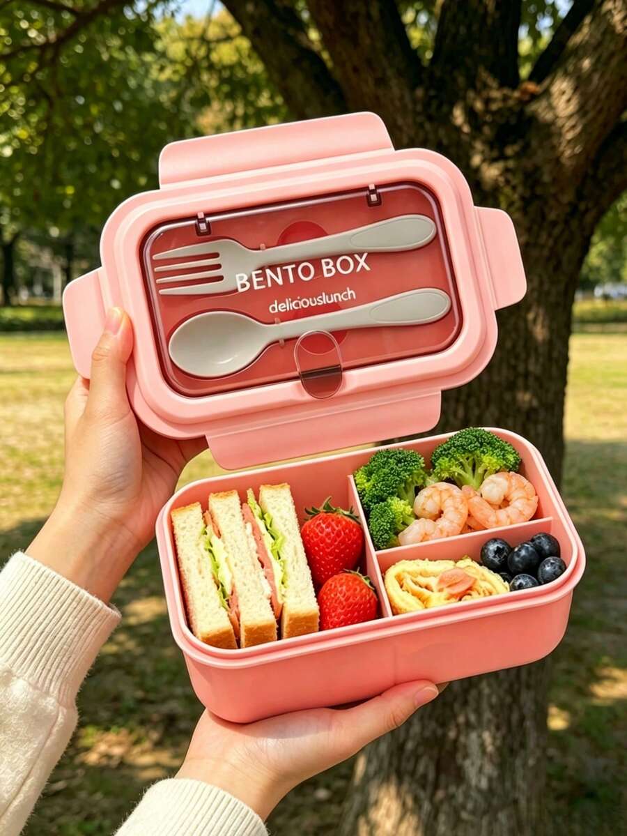 1pc Pink Bento Lunch Box, Divided Storage Design With Spoon & Fork, Suitable For Microwave & Dishwasher, Great For Office, Outdoor, School, Picnic, Student Lunchbox