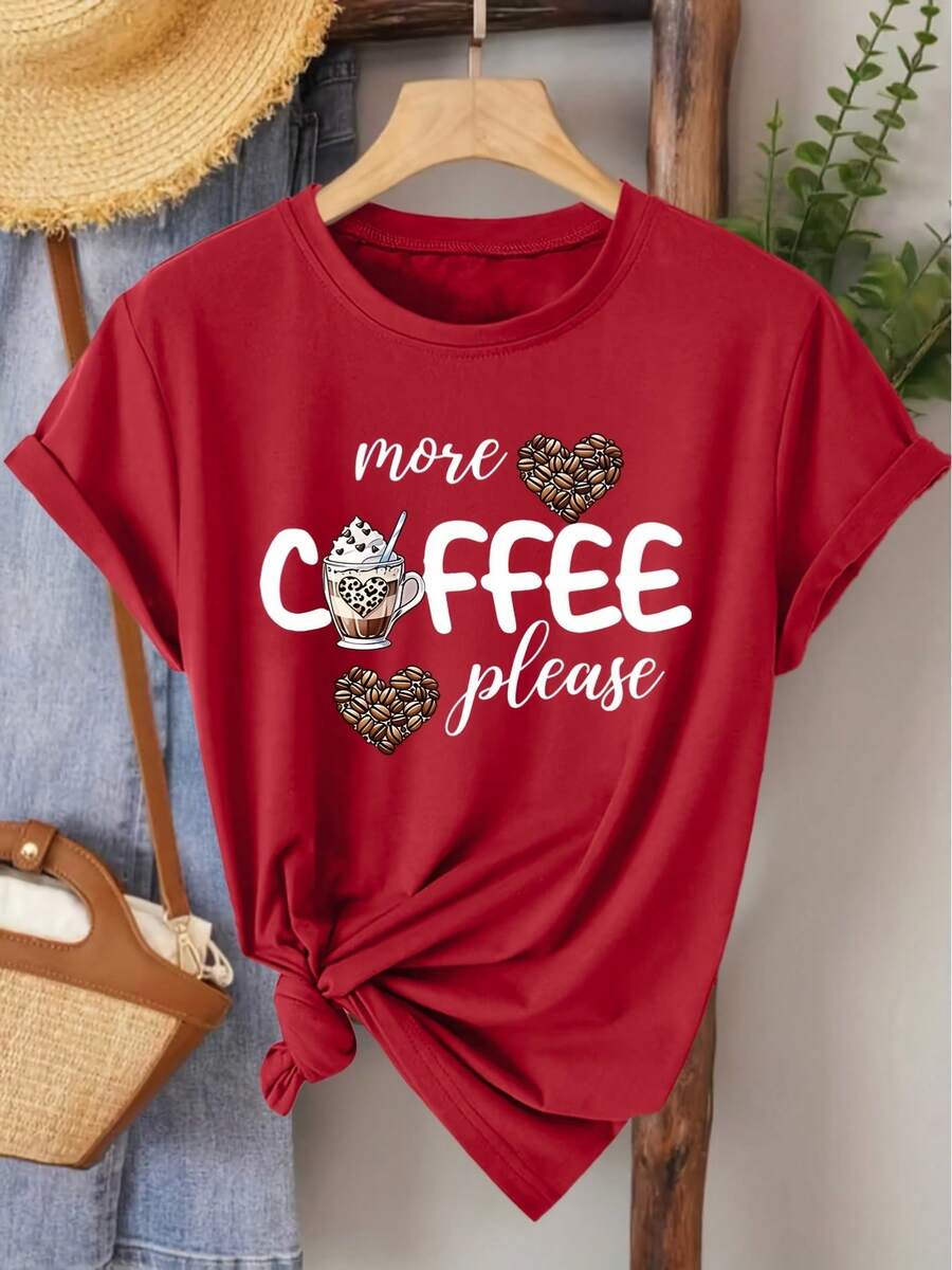 Camiseta de estilo elegante para mujer, de manga corta y corte holgado, con estampado "más café por favor", cuello redondo, adecuada para primavera, verano y otoño. Moderna para ir al trabajo, vacaciones, uso diario, versátil, casual, elegante, estilo vintage, disponible en tallas S-XXL. 100% algodón. - Rojo - Ver 1