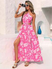 Vestido largo con estampado floral, sin mangas y con diseño calado en la cintura, para vacaciones - Rosa - Ver 7