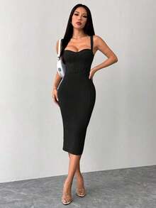 Vestido midi ajustado y entallado con parte trasera dividida, copa de busto y cadera azul - Negro - Ver 5