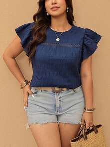 Blusa de cuello redondo con textura y volantes, de estilo casual para tallas grandes de verano - Azul marino - Ver 7