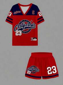 Conjunto informal de primavera/verano 2025, estampado gráfico en inglés con texto "California" y motivo de coche de carreras, conjunto de 2 piezas para mujer - Multicolor 2 - Ver 4