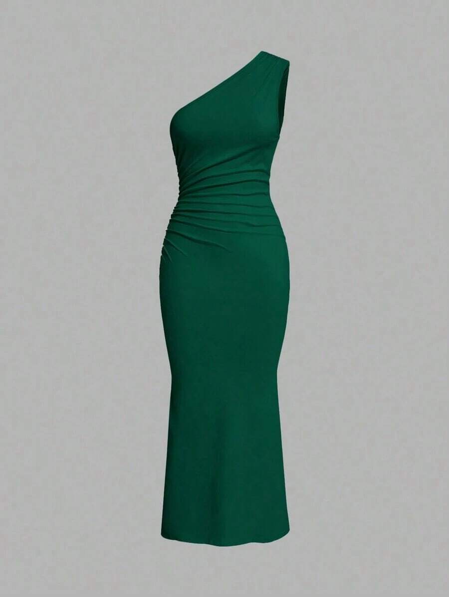 Vestido maxi de cola de pez con hombro asimétrico arrugado de unicolor sin mangas - Verde Oscuro - Ver 1